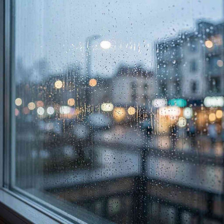 Raindrops on the window. Blurred city lights. Rainy day.