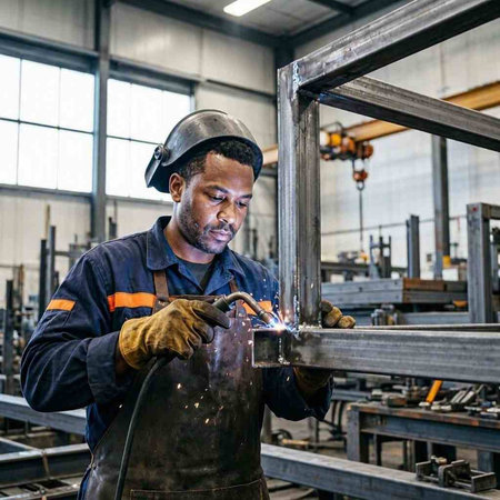 Worker welding metal in factory. Worker wearing safety helmet and uniform.