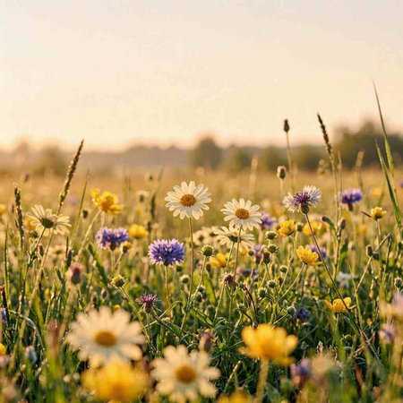 Wildflowers in the meadow at sunset. Chamomile, daisies, cornflowers