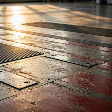 The rain drops on the floor in the city. Selective focus.