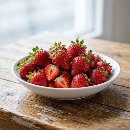 Strawberries in a bowl on a wooden table. Close-up.
