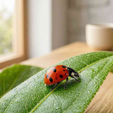 ladybug on green leaf with cup of coffee in the background