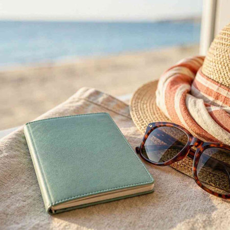 Book, Sunglasses, Hat on the Beach. Vacation Concept