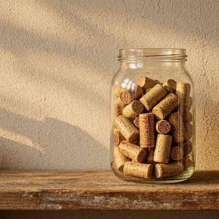Wine corks in a glass jar on wooden shelf against wall
