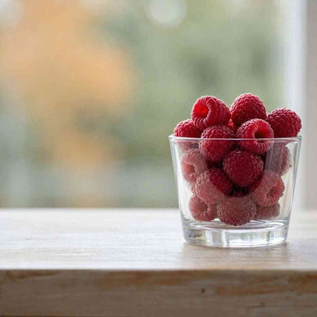 Raspberries in a glass on a wooden table. Selective focus.