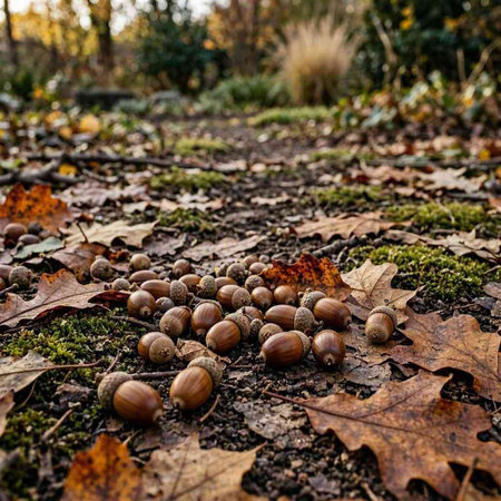 Acorns on the ground in the autumn forest. Shallow depth of field.