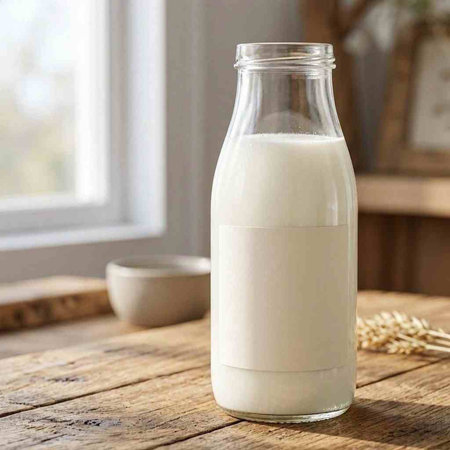 Milk in a glass bottle on a wooden table near the window