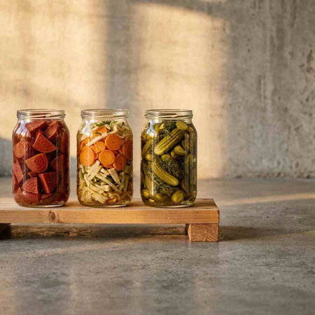 Preserved vegetables in glass jars on a wooden stand on a concrete background