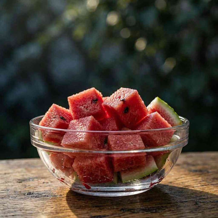 Slices of watermelon in a glass bowl on a wooden table