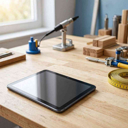 Tablet computer on the table in a carpentry workshop with tools