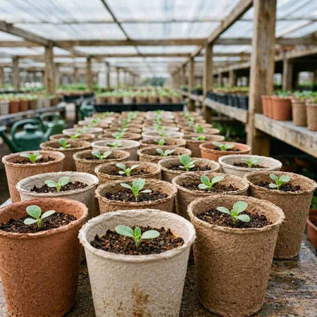Seedlings in pots in a greenhouse. Selective focus.