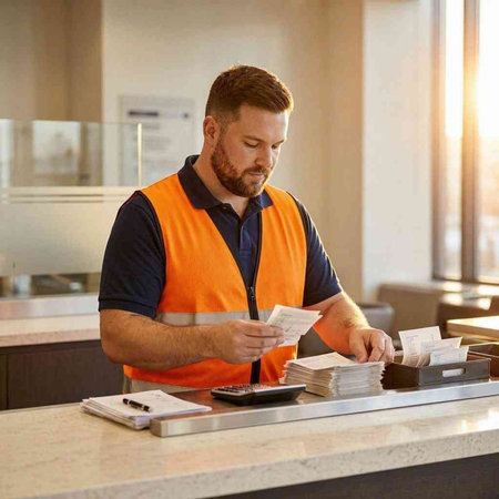 Caucasian male cashier at counter in hotel or restaurant.