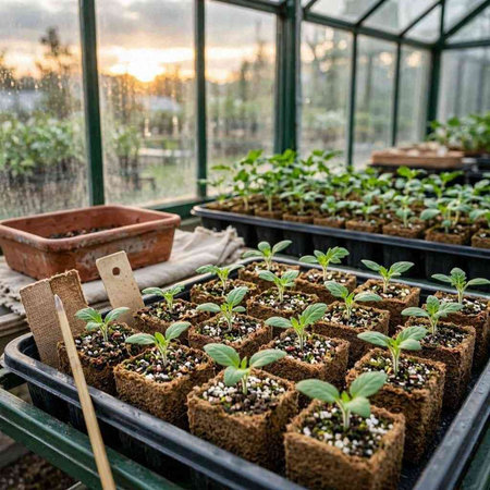 Cucumber seedlings in pots on the windowsill of a greenhouse