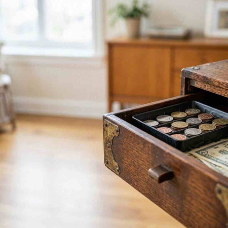 A closeup shot of a wooden cash register with coins in it