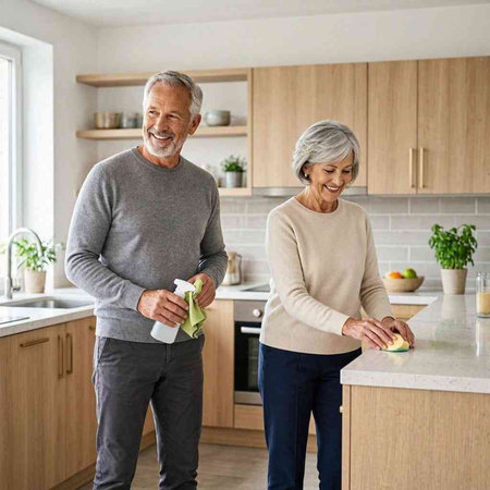 Portrait of a senior couple standing in the kitchen and smiling at each other