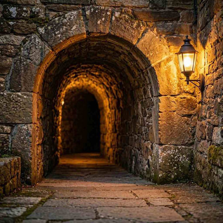 Old stone tunnel with lantern at night in Prague, Czech Republic.