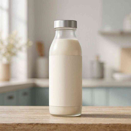 Milk bottle mockup on wooden table in kitchen. 3d rendering