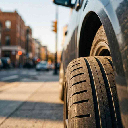 Car tires on the road in the city. The car is parked on the street.