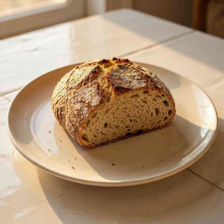 A loaf of bread on a white plate on a white table.