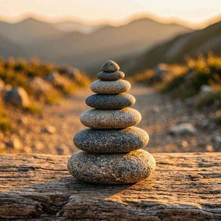 Pile of zen stones on a rock in the sunset light