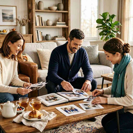 Group of friends sitting at the table and looking at photos in a magazine