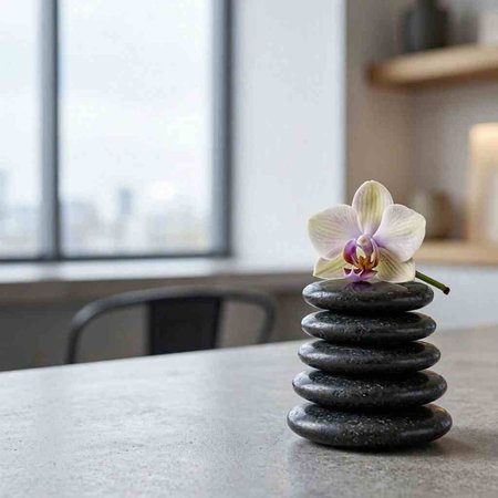 Spa stones with orchid flower on a table in a spa room