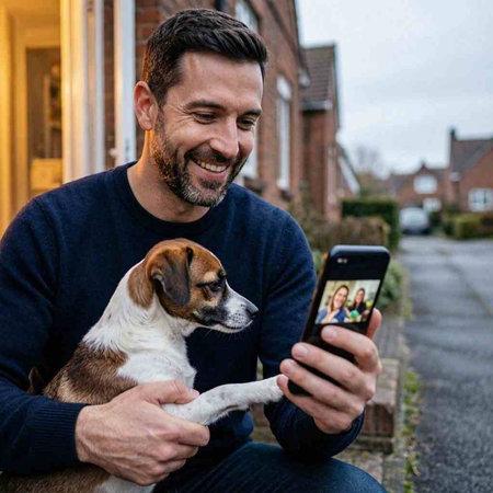 Man with a dog taking a picture of himself with a smartphone.