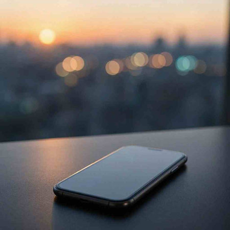 Smartphone on the table with blur cityscape background at sunset.