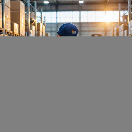 Side view of young African-American male warehouse worker in cap looking at camera in warehouse. This is a freight transportation and distribution warehouse. Industrial and industrial workers concept