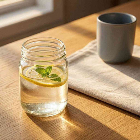 Glass of water with lemon and mint on a wooden table in sunlight
