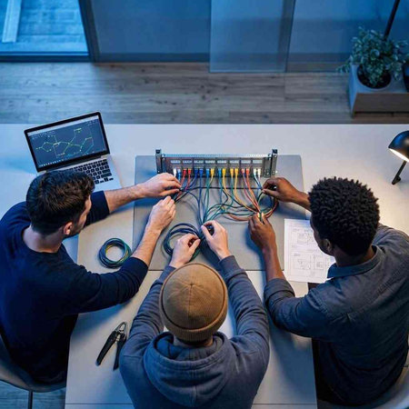 High angle view of a diverse group of people working together in an office