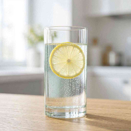 Glass of water with lemon on the table in the kitchen at home