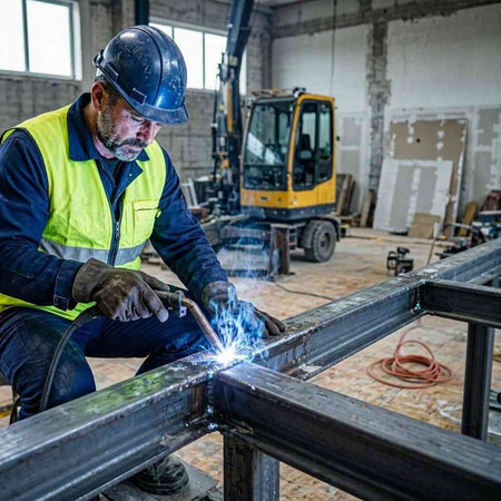 Worker welding steel structure with arc welding machine at construction site.