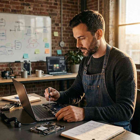 Portrait of a young man working on a laptop while sitting at a desk in an office