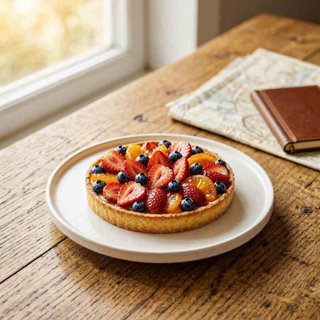 Strawberry and orange tart on a rustic wooden table.