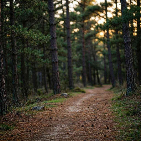 Path in a pine forest at sunset. Shallow depth of field.