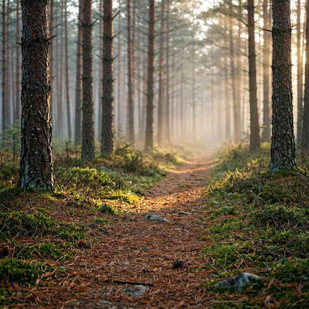 Pathway in the pine forest at sunset. Natural summer background.