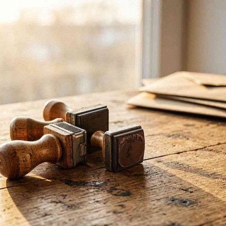 Wooden stamps on a wooden table in front of a window.