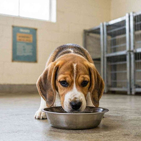 A beagle puppy sits in a metal bowl and waits for food.