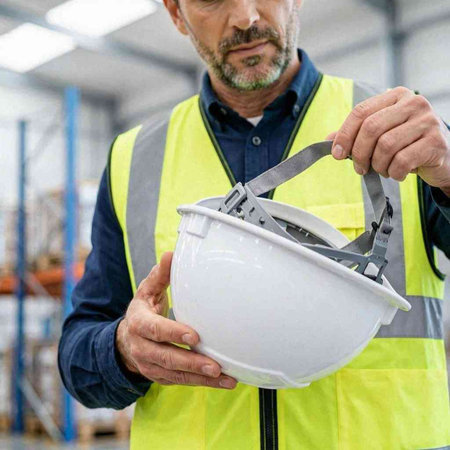 Portrait of mature Caucasian male worker holding safety helmet in warehouse.