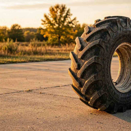 A tire on the road in the fall. The concept of the end of the summer.