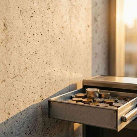 Coins in a metal box on the background of a concrete wall