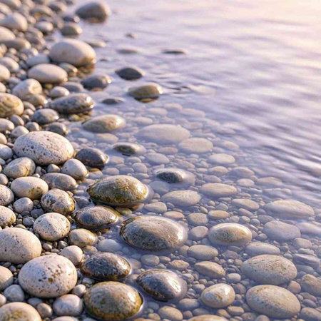 Pebbles in the water on the seashore at sunset