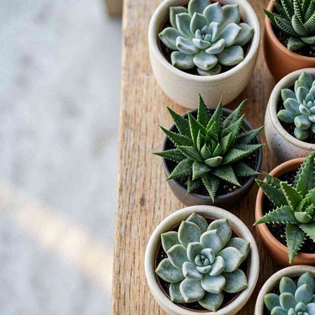 Succulents in small pots on a wooden table, top view