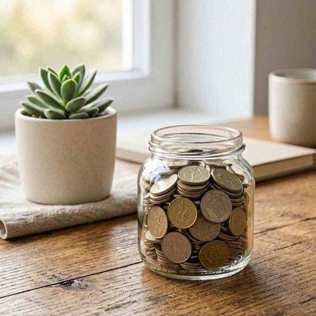 Coins in a glass jar on a wooden table. Saving money concept.