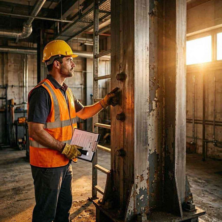 Portrait of a Caucasian male worker in a helmet and overalls on the construction site. Industrial background.