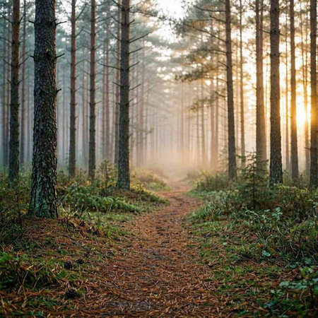 Pathway through the evergreen forest at sunrise. Mighty pine and spruce trees close-up. Atmospheric landscape. Nature, ecology, environmental conservation, ecotourism. Panoramic view