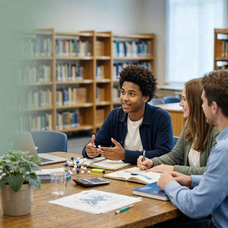 Group of students sitting at a table in the library and studying together