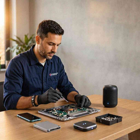 Technician repairing a smartphone with a screwdriver in his hand.