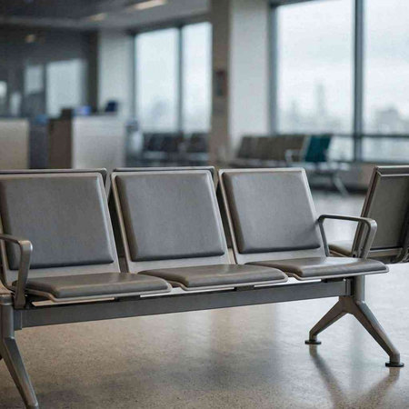 Waiting room in a modern airport with rows of gray chairs in a row